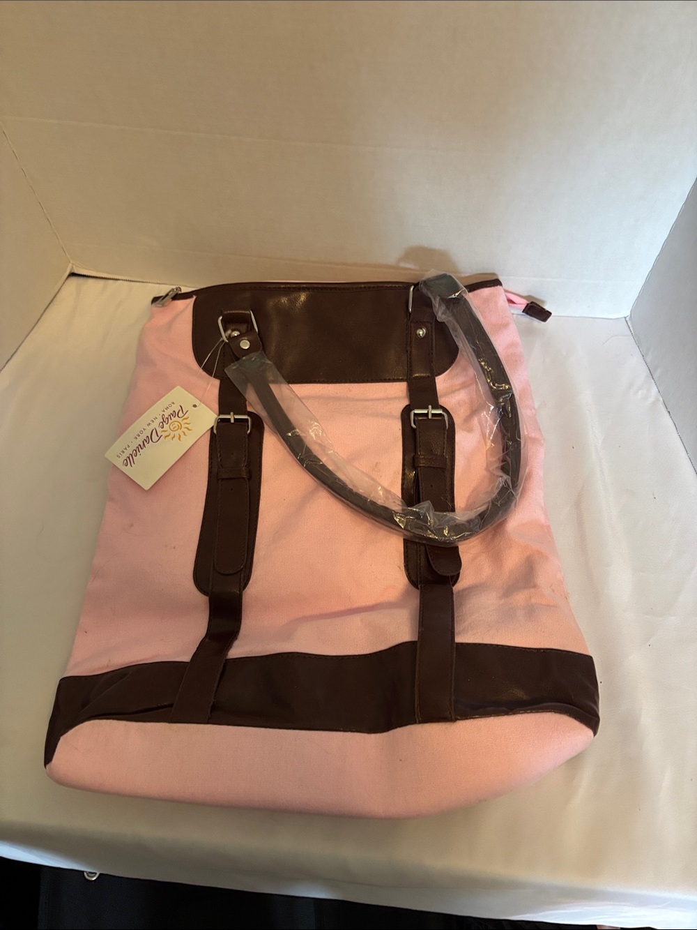 Pink Canvas Tote with Brown Trim and Top Handles